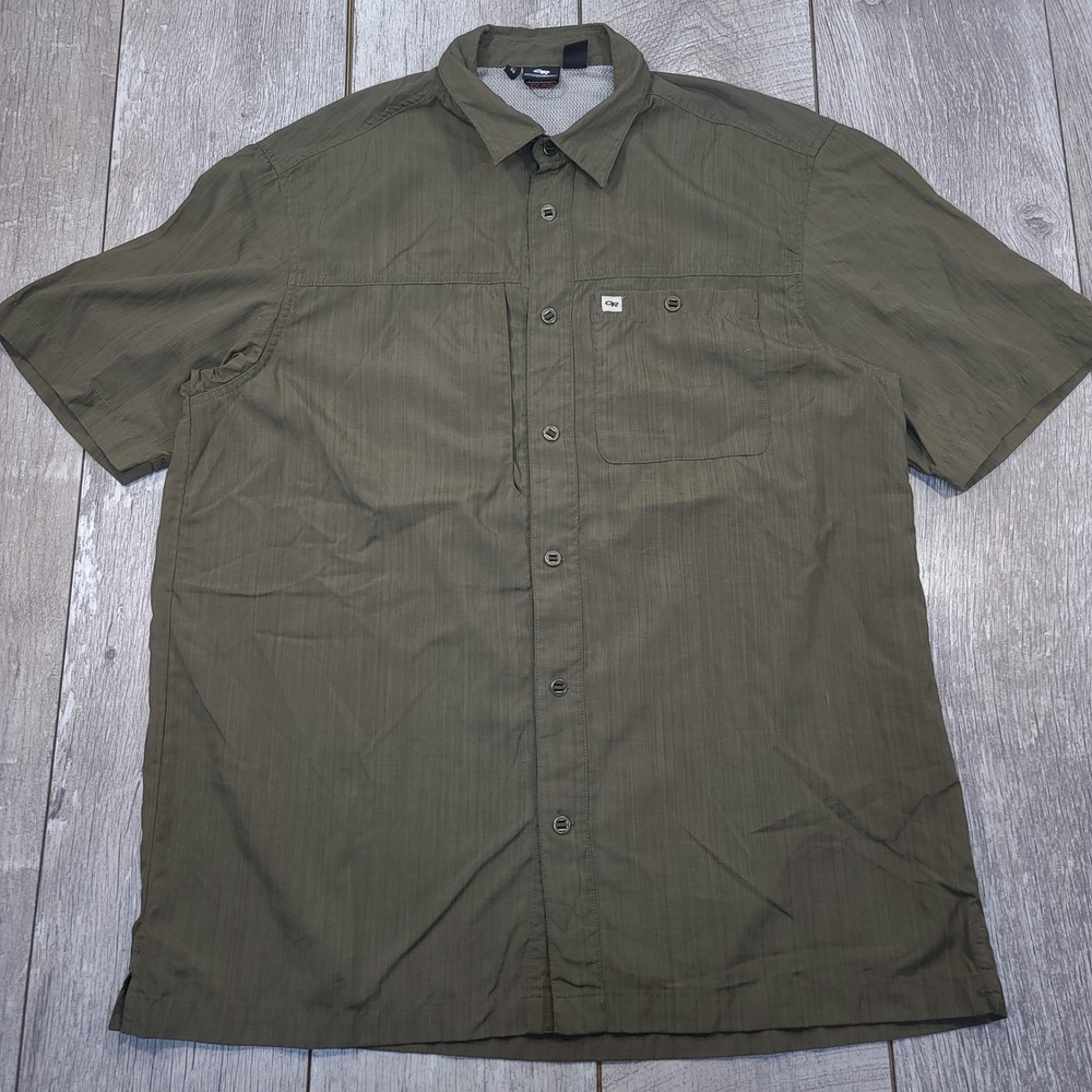 Outdoor Research Button Up Shirt Men XL Green Short Sleeve UPF 30+ Hiking Trail